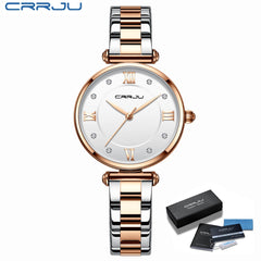 Women Watch CRRJU Fashion Luxury Blue Watch for Women Casual Waterproof Quartz Ladies Stainless Steel Watch relogio feminino